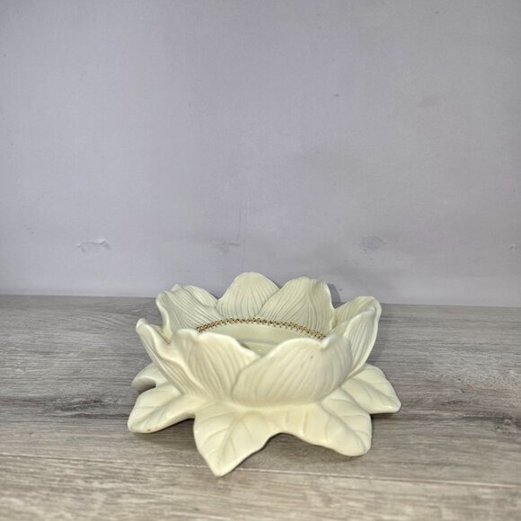 PartyLite Porcelain Magnolia Lotus Flower Blossom Pillar Candle Holder Gold Bead - Picture 4 of 8